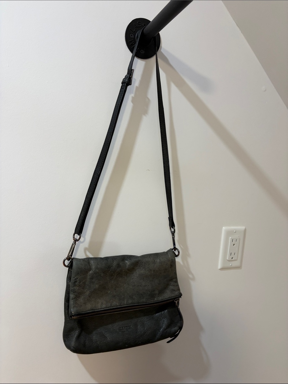 Fold-Over Leather Crossbody Bag - Black